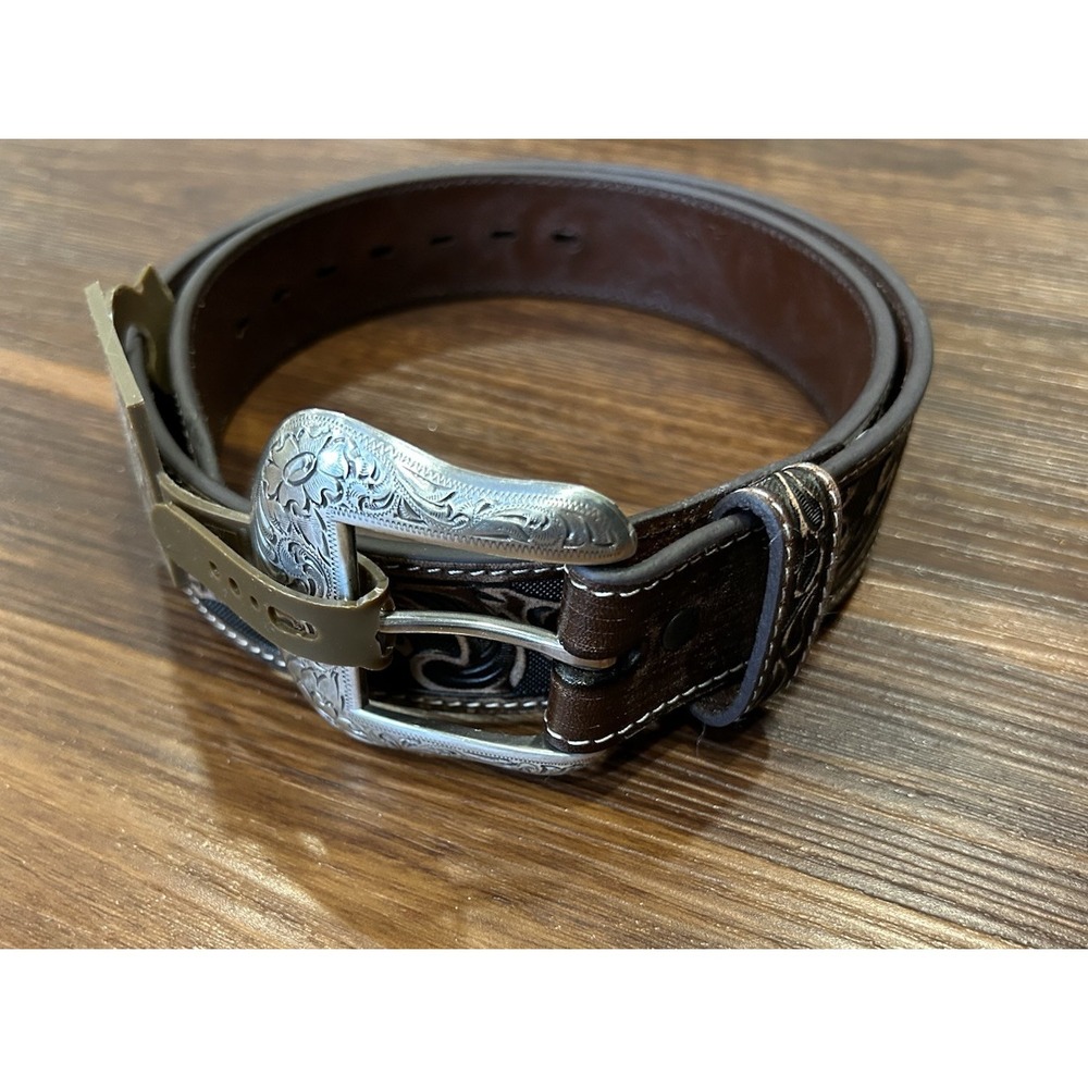 Roper Tooled Dark Brown Mens 34 Belt With Replaceable Silver Buckle - Picture 10 of 12
